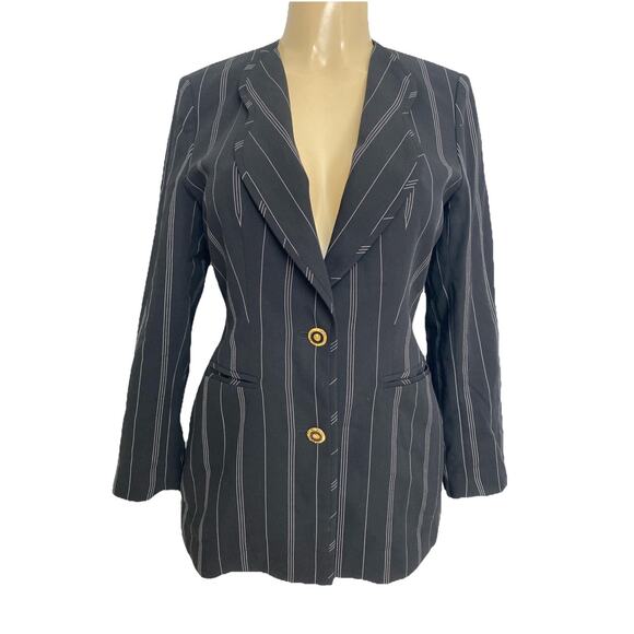 Escada Jacket Blazer Wool Pinstripe Black White Slip Pockets Two Button … - Picture 1 of 9